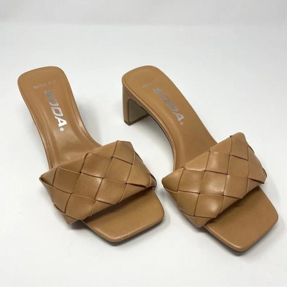 Soda Shoes - Soda Woven Heeled Backless Braided Square Toe Slip On Block Heel Sandals Sz 6